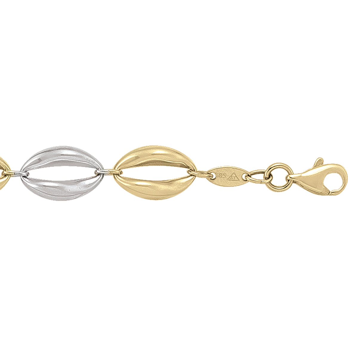 Two-tone 14k yellow and white gold fancy bracelet with puffed marquise-shaped links and lobster clasp.