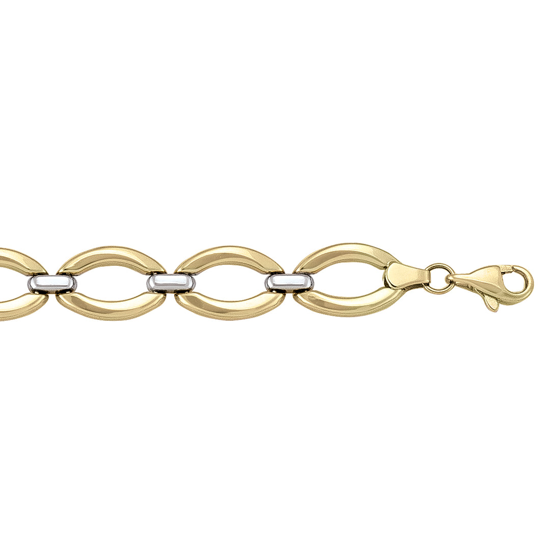 14k yellow and white gold bracelet with bold two-tone links and a lobster clasp, 7.25 inches long.