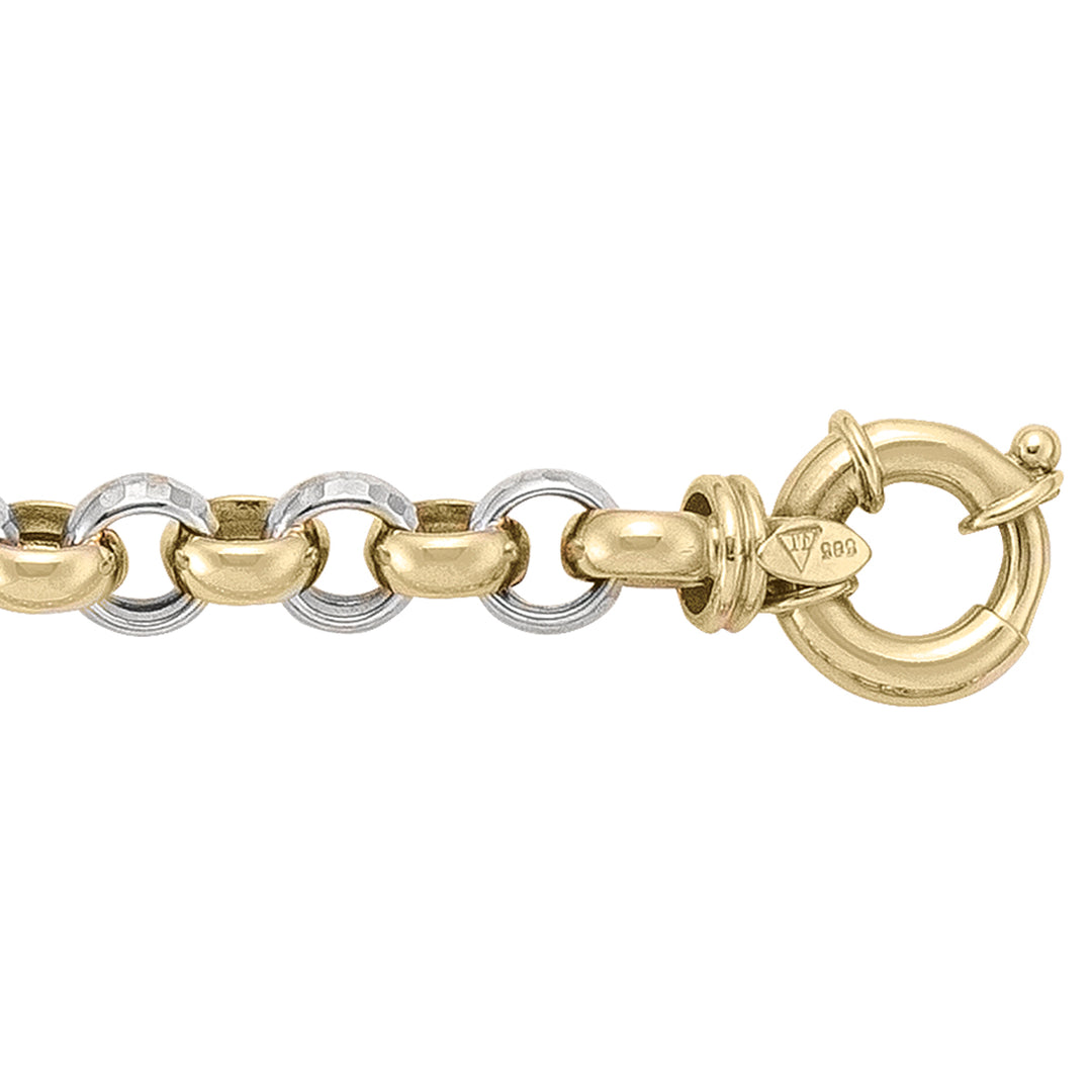 Two-tone 14k yellow and white gold hollow rolo bracelet with alternating links and spring ring clasp.