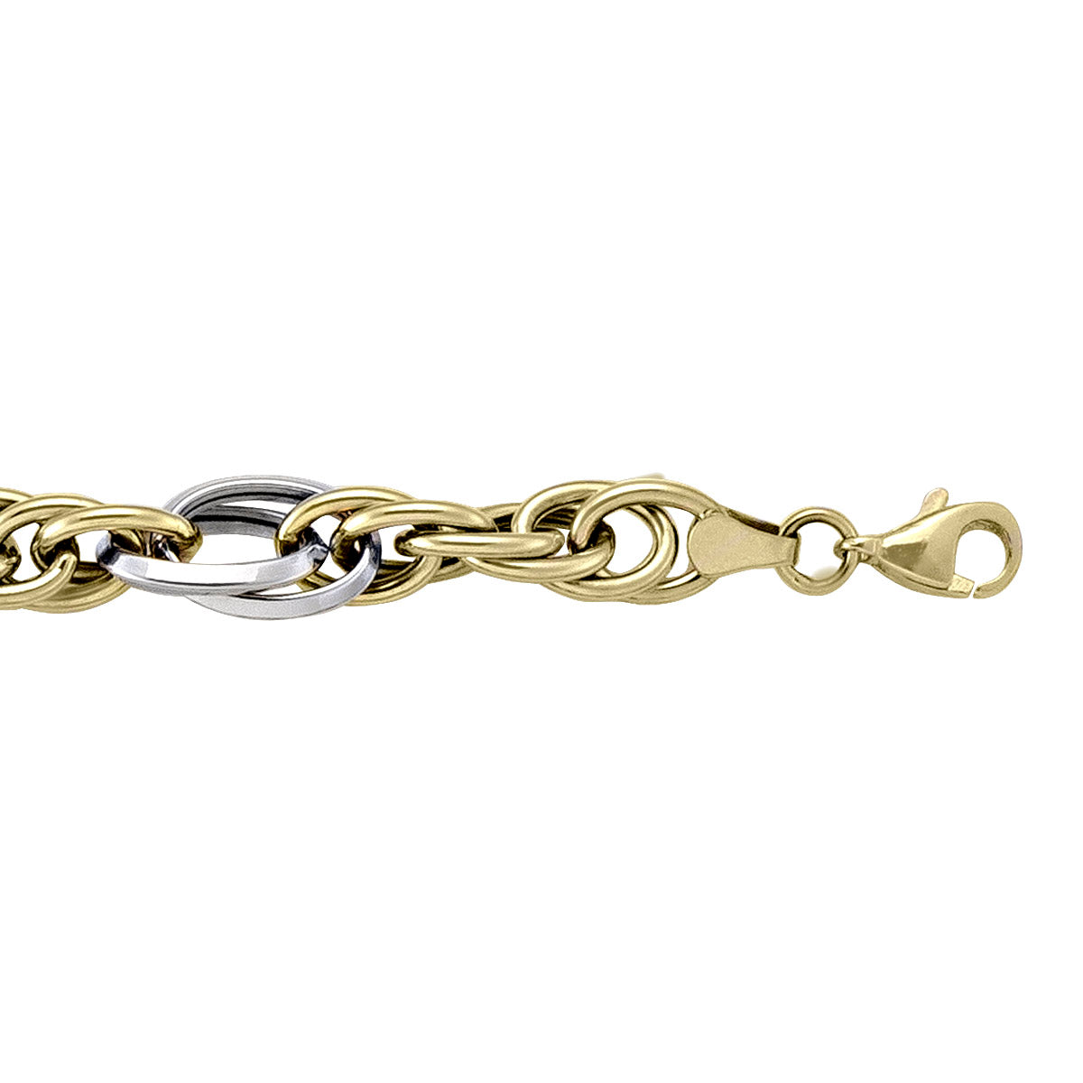 Two-tone gold bracelet with trendy hollow fancy links, featuring yellow and white gold, 7.25 inches long, 8.7 mm wide.