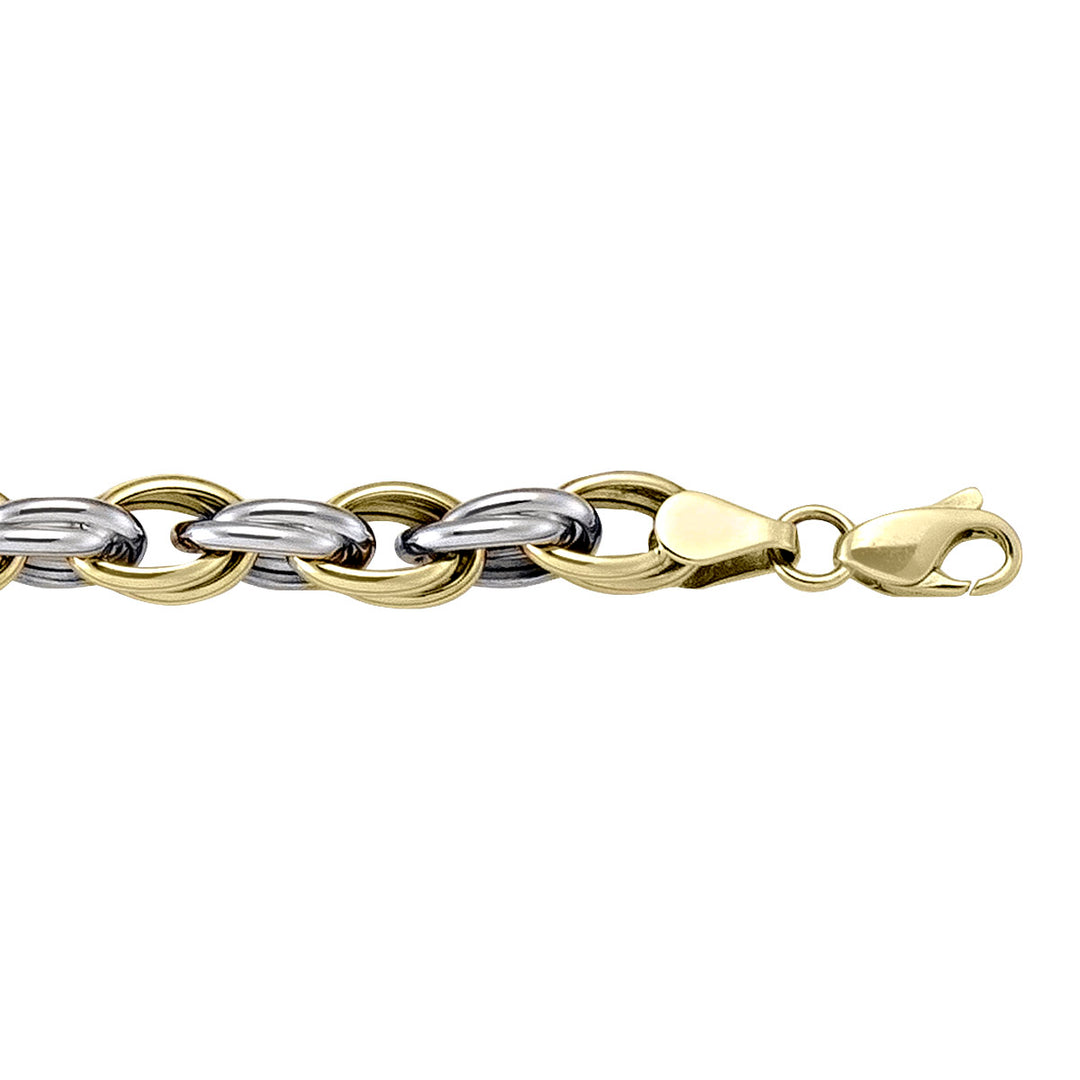 Two-tone gold bracelet with elegant hollow fancy links, featuring yellow and white gold, 7.5 inches long, 6.8 mm wide.