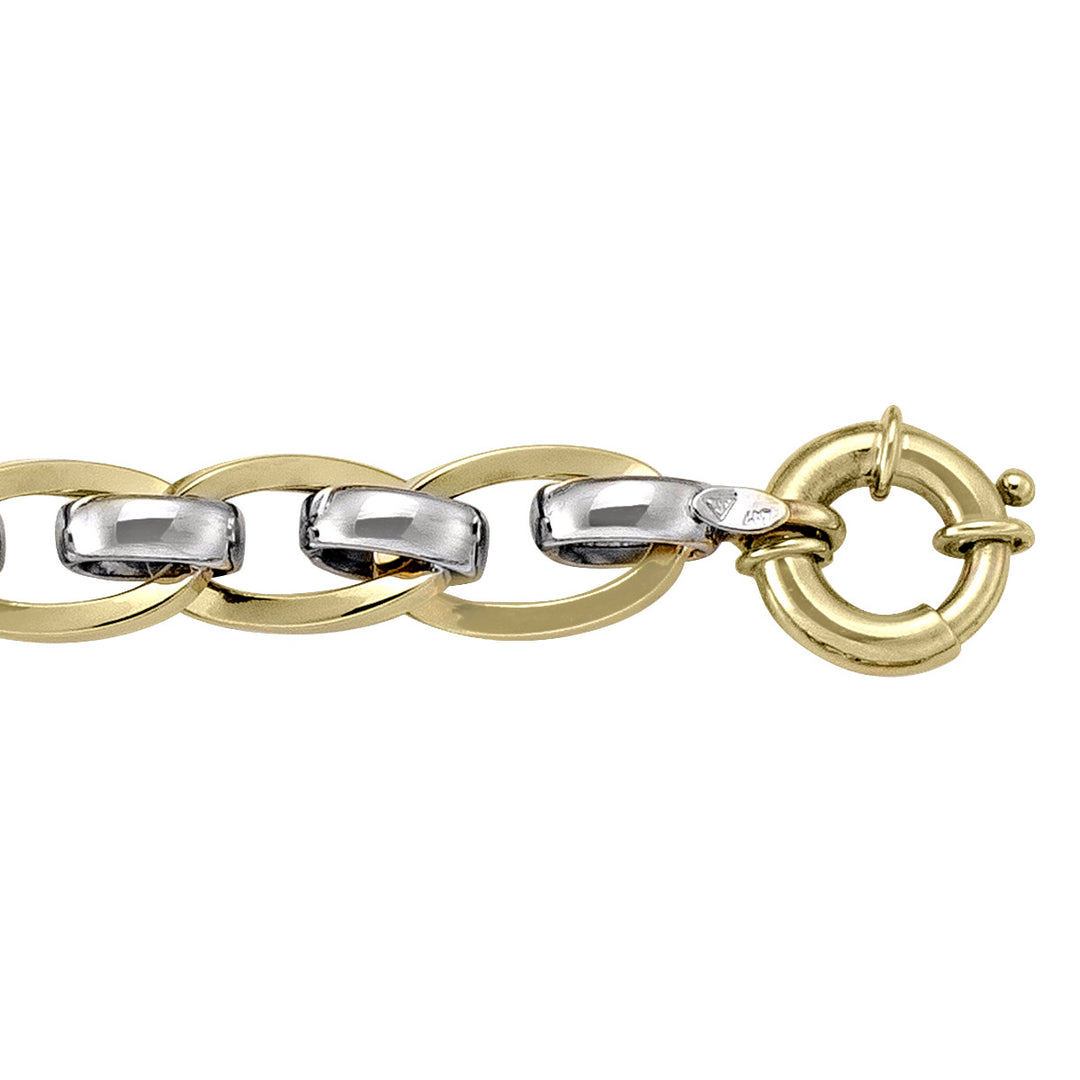 Two-tone gold bracelet with stylish hollow fancy links, featuring yellow and white gold, 7.5 inches long, 10 mm wide.