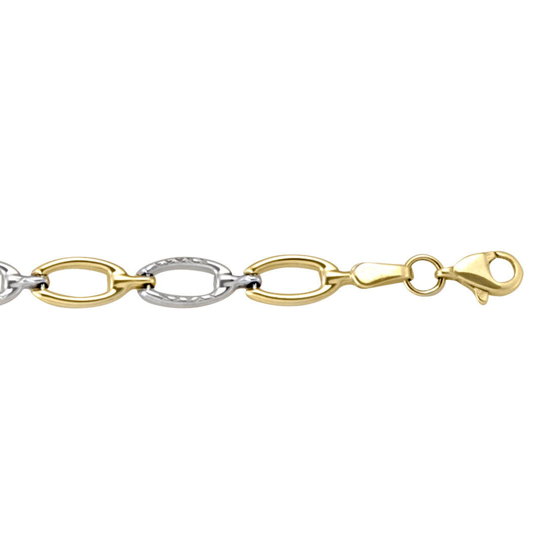 10k yellow and white gold bracelet with elegant two-tone links and a lobster clasp, 7.25 inches long.