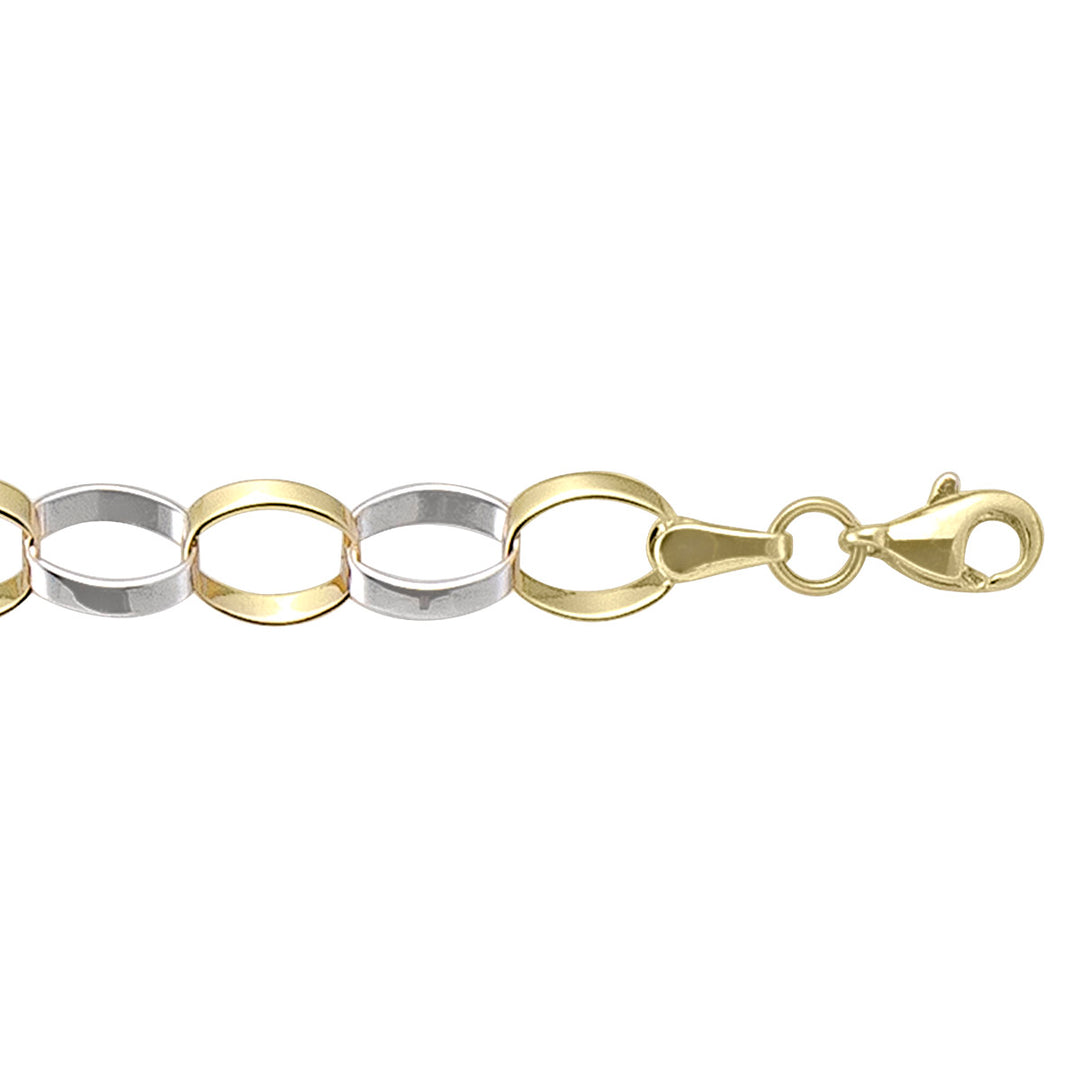 10k two-tone hollow link bracelet with yellow and white gold links and a lobster clasp.