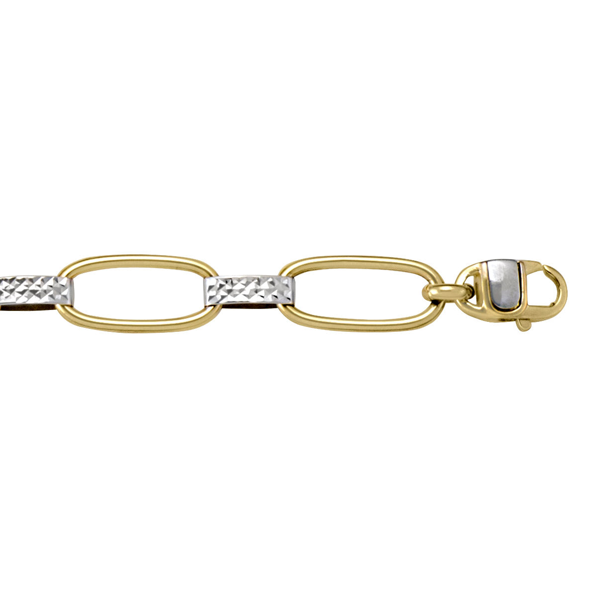 Two-tone gold bracelet with modern hollow fancy links and textured details, featuring yellow and white gold, 7.5 inches long, 8.6 mm wide.