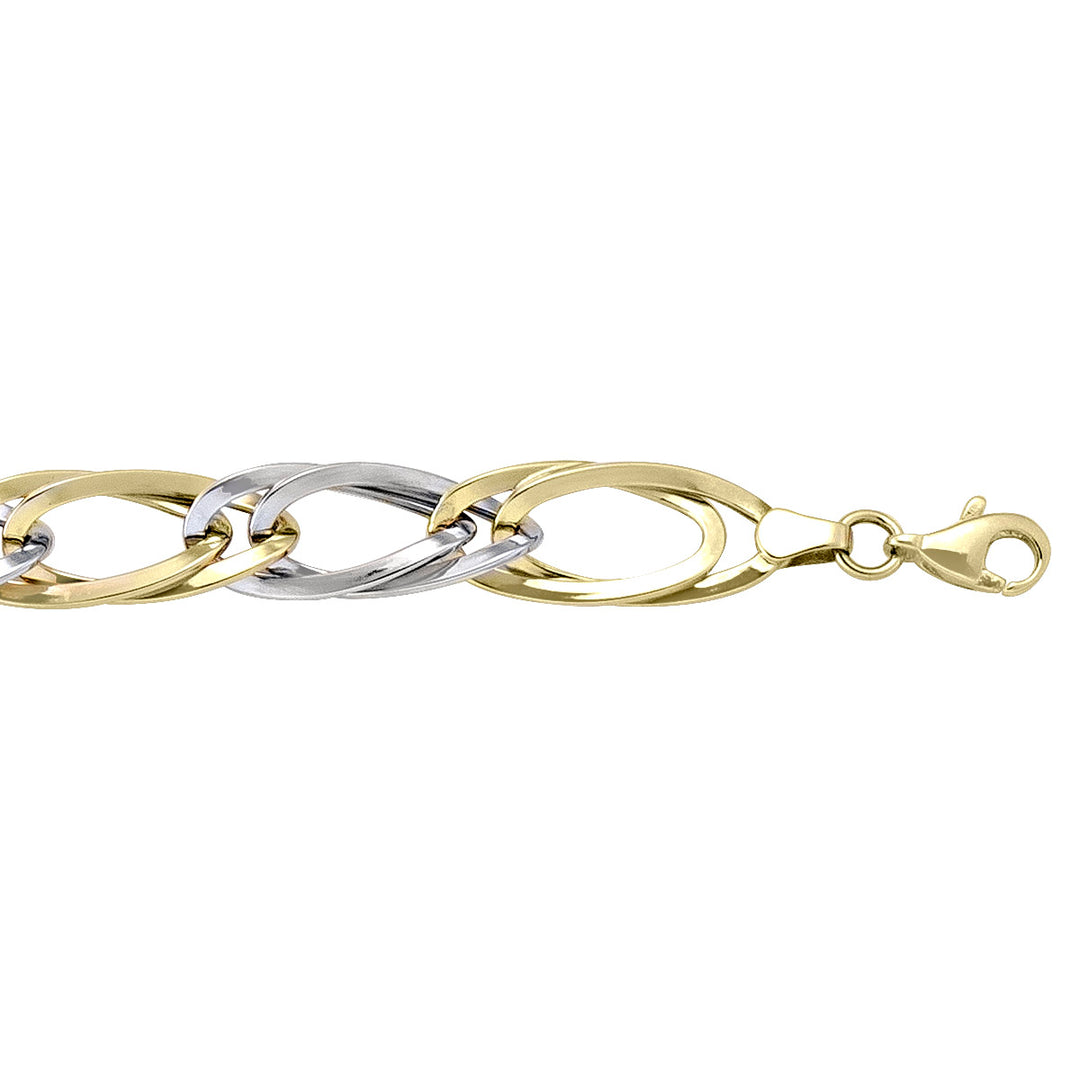 10k two-tone hollow link bracelet with yellow and white gold links and a lobster clasp.