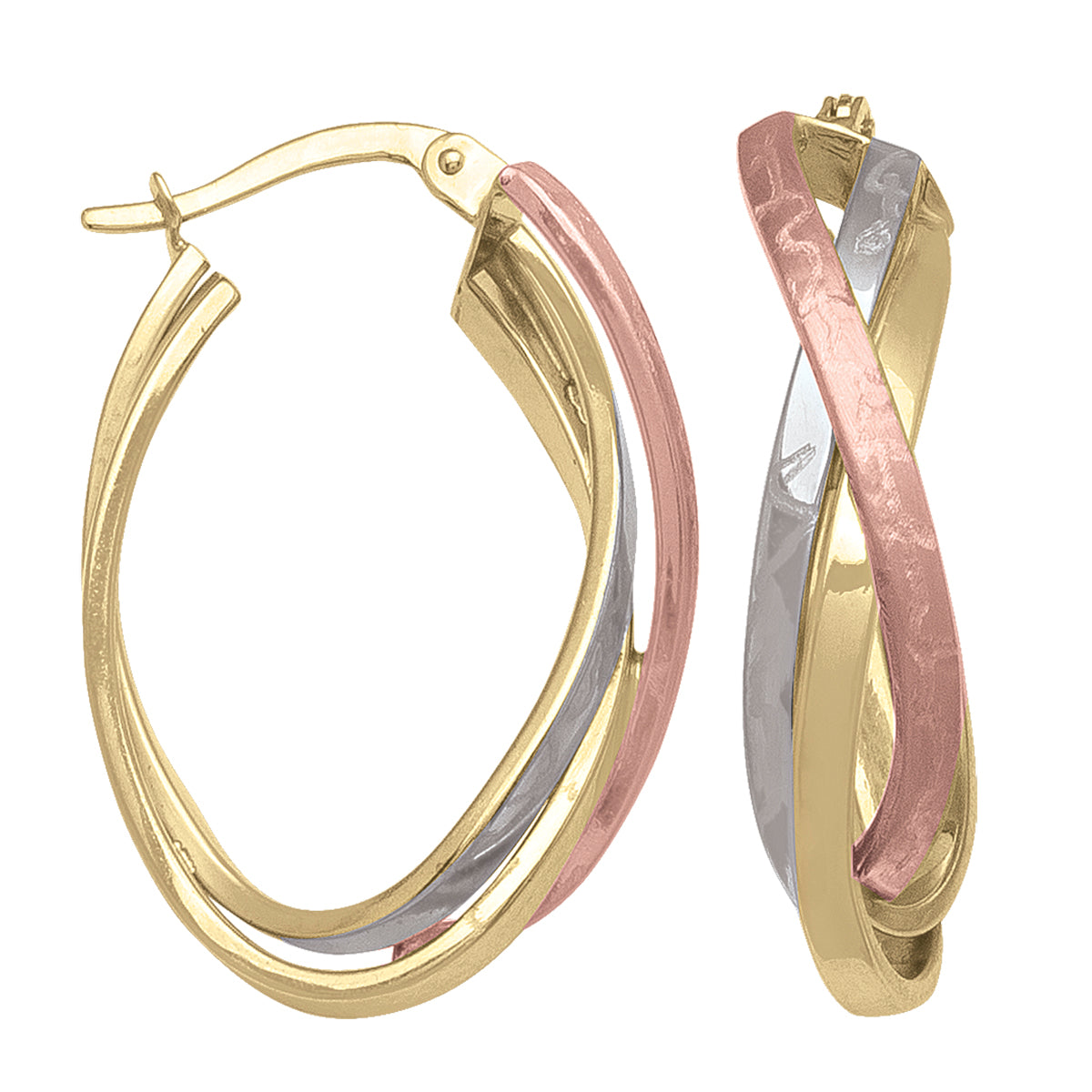 10k Tri-Color Gold Sleek Hoop Earrings, 18.6mm Height