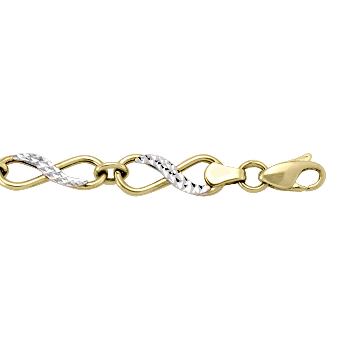 10k two-tone infinity hollow link bracelet with yellow and white gold links and a lobster clasp.