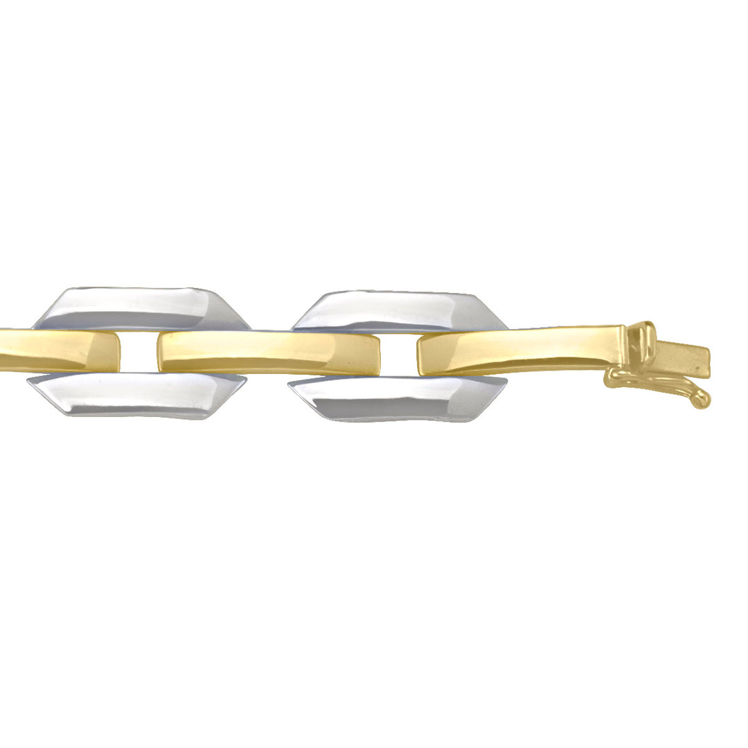 Two-tone gold bracelet with hollow links, featuring yellow and white gold, 7.25 inches long.