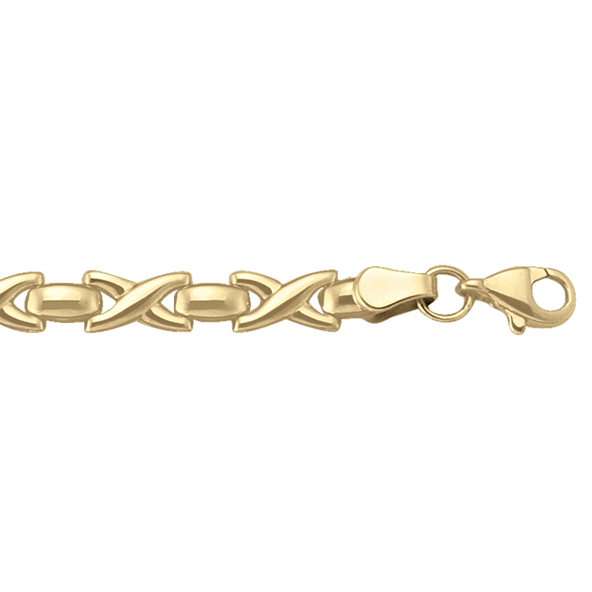 Close-up of a 10k yellow gold hollow fancy bracelet with an intricate link design and lobster clasp.