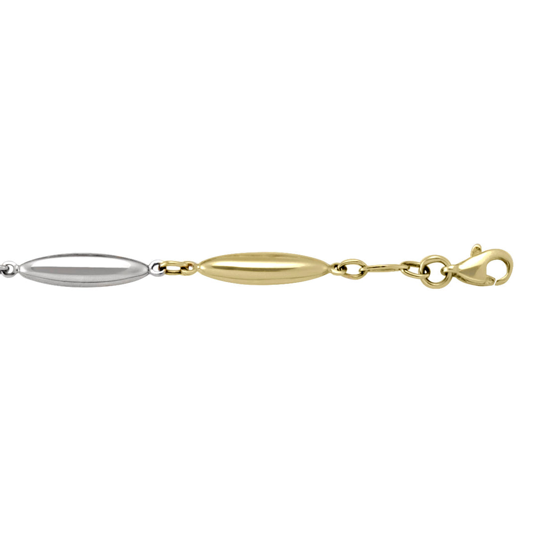 Two-tone gold bracelet with minimalist hollow fancy links, featuring yellow and white gold, 7.25 inches long, 4.2 mm wide.