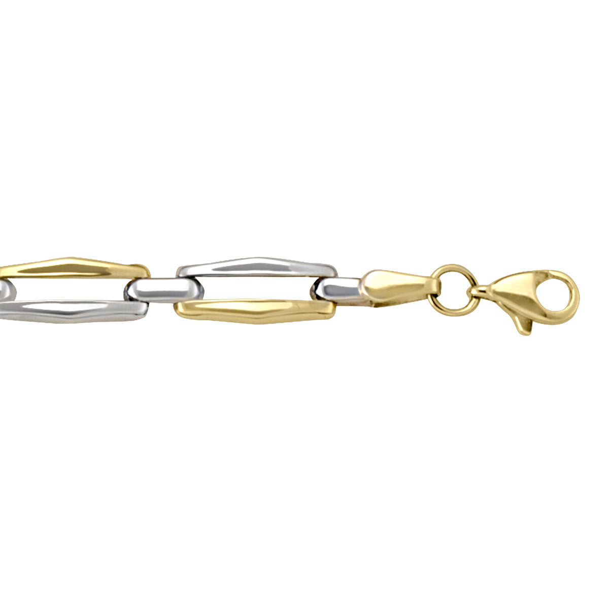 Two-tone gold bracelet with delicate hollow links, featuring yellow and white gold, 7.25 inches long, 5.5 mm wide.