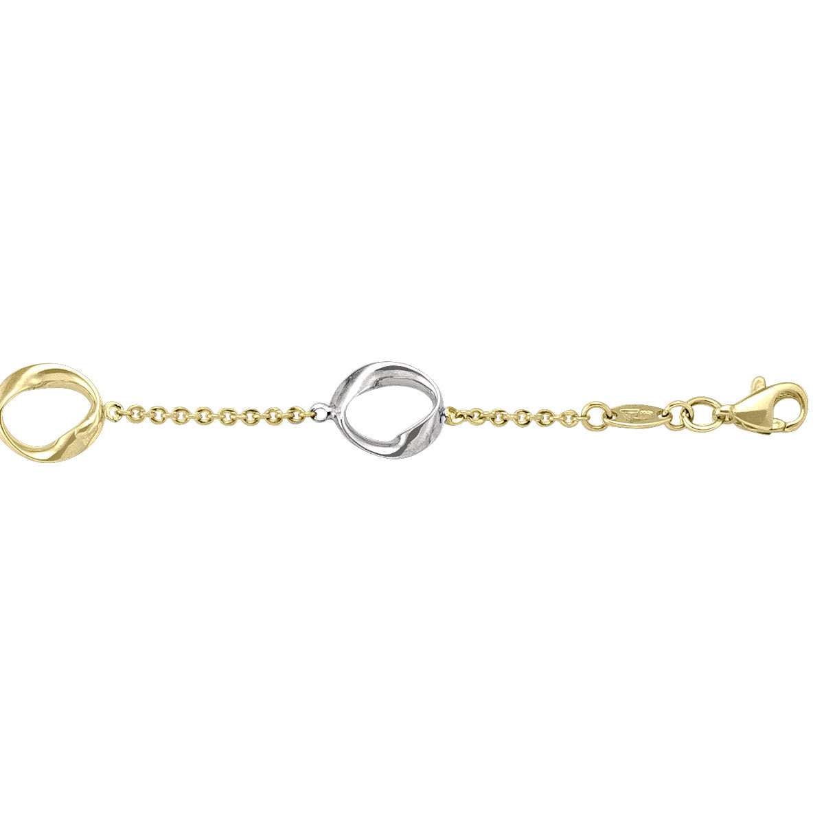 10k two-tone hollow link bracelet with yellow and white gold links and a lobster clasp.