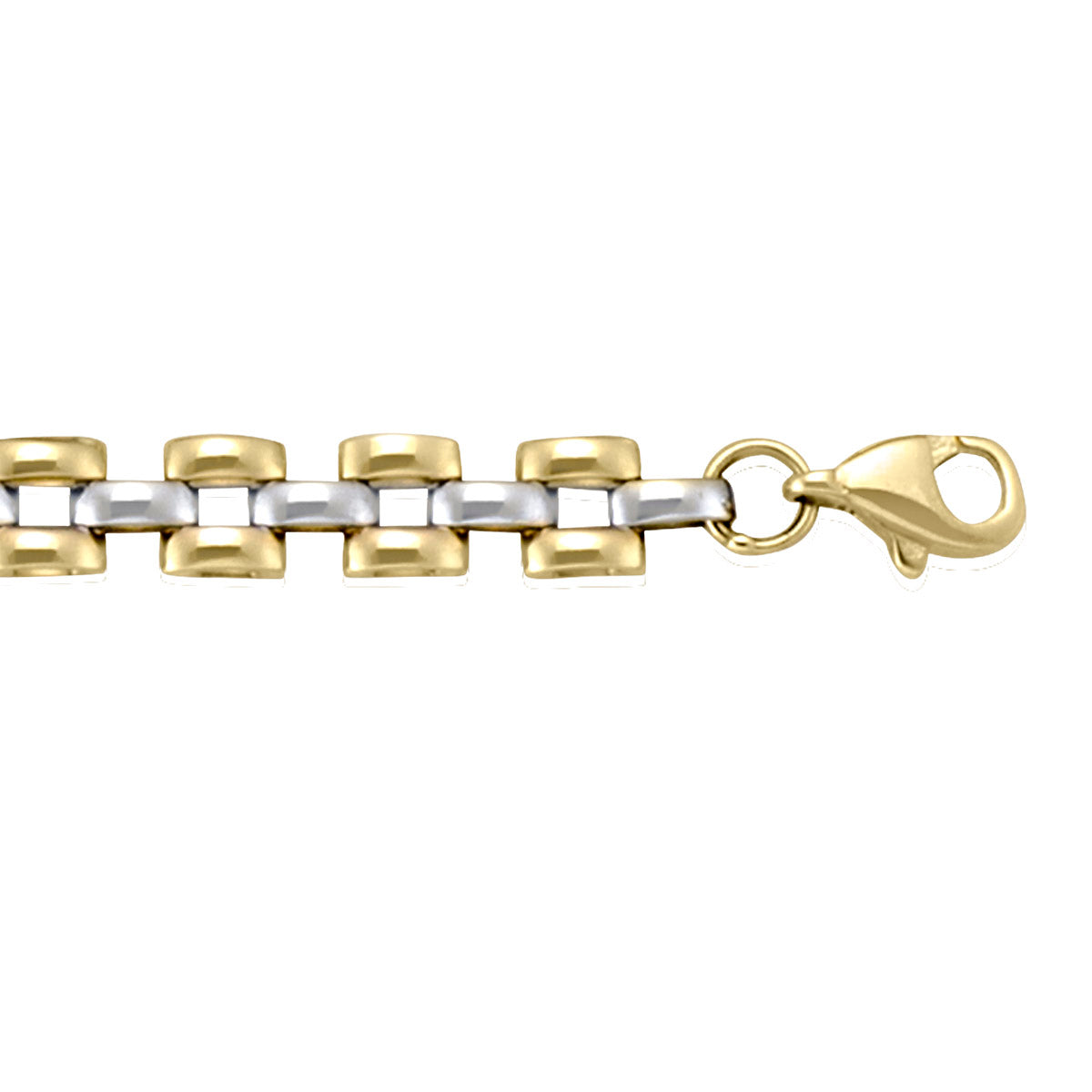 Two-tone gold bracelet with modern hollow links, featuring yellow and white gold, 7.25 inches long, 5.4 mm wide.