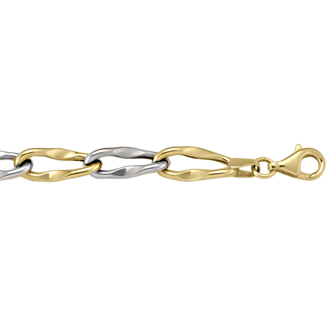 Two-tone gold bracelet with modern hollow fancy links, featuring yellow and white gold, 7.5 inches long, 6.4 mm wide.