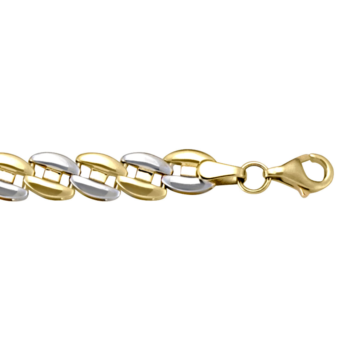 Two-tone gold bracelet with stylish hollow links, featuring yellow and white gold, 7.25 inches long, 6.2 mm wide.