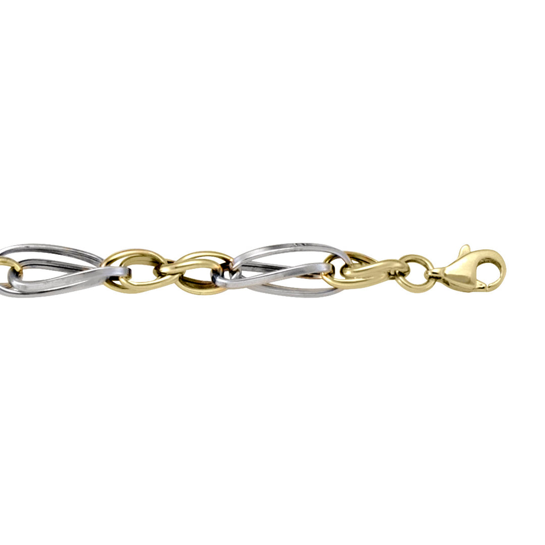 Two-tone 10k yellow and white gold hollow fancy link bracelet with a secure lobster clasp.