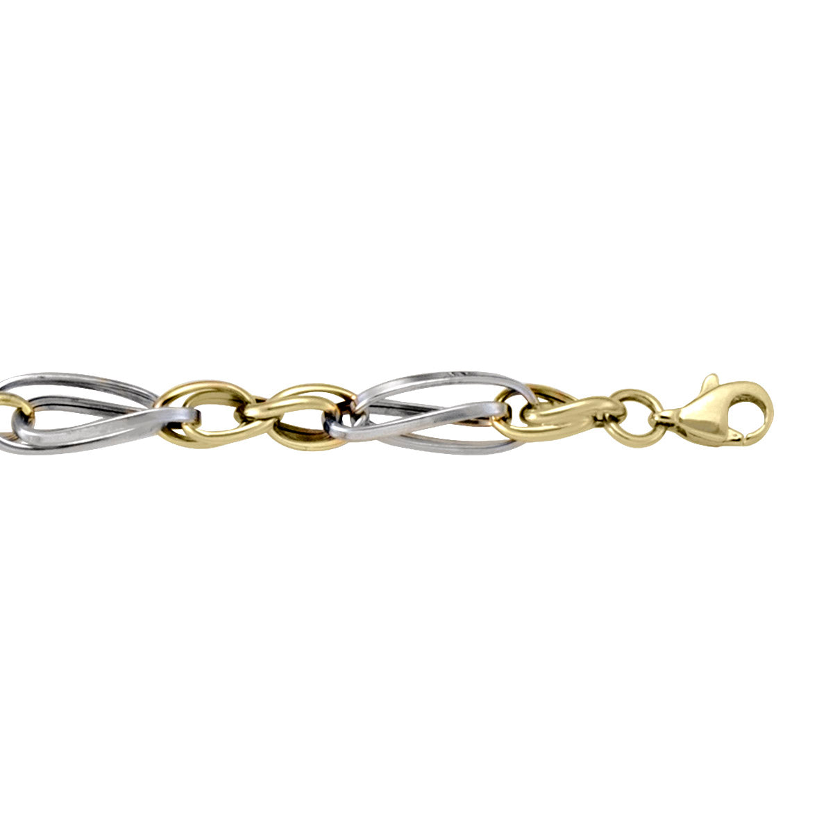 Two-tone 10k yellow and white gold hollow fancy link bracelet with a secure lobster clasp.