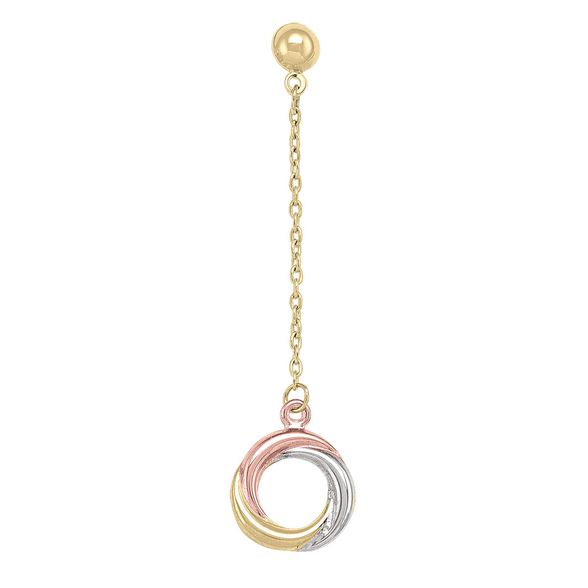 Elegant 10k tri-colour gold knot drop earrings, featuring intertwined circles of yellow, white, and rose gold, hanging 37.5mm long.