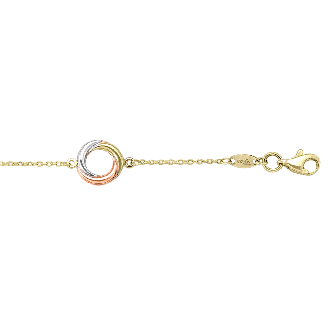 10k tri-color love knot hollow link necklace with a yellow, white, and rose gold love knot and a lobster clasp.