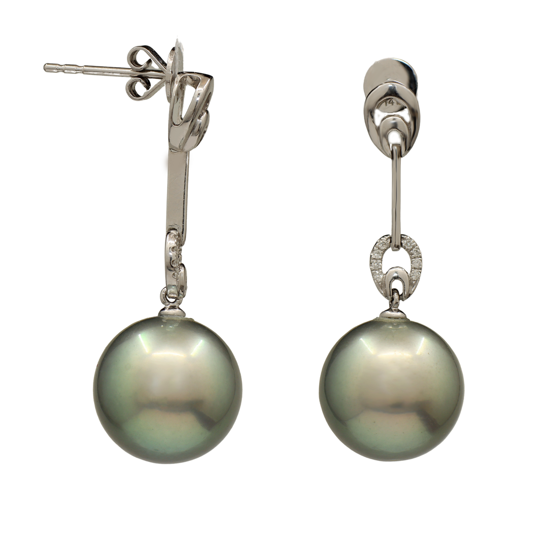 13.1mm round light gray Tahitian Pearl Dangling Earrings with diamonds in 14K white gold