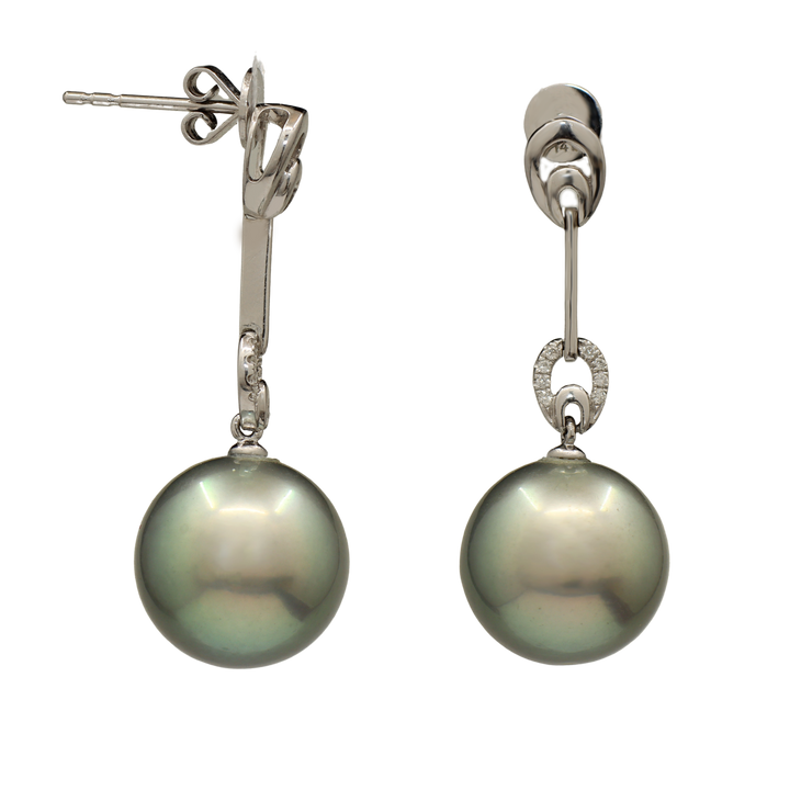 13.1mm round light gray Tahitian Pearl Dangling Earrings with diamonds in 14K white gold