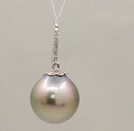 15.1mm round light gray Tahitian Pearl Earrings with diamonds in 14K white gold