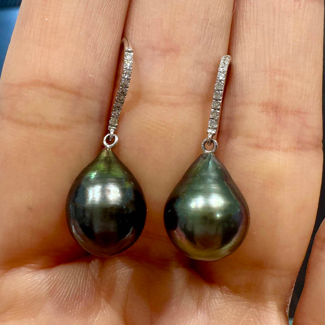 Peacock drop-shaped Tahitian pearl earrings with high lustre, 11.3mm each, set in 14K white gold with small diamonds.