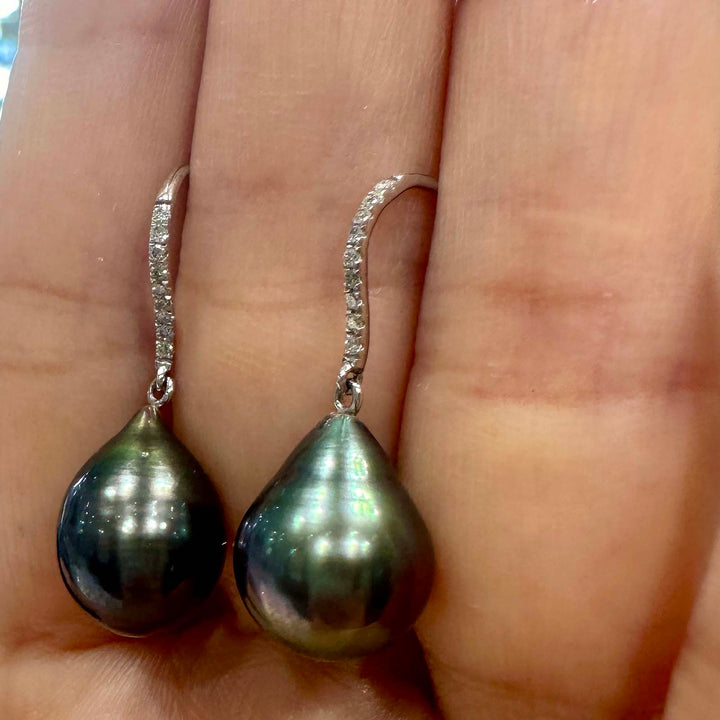 Peacock drop-shaped Tahitian pearl earrings with high lustre, 11.3mm each, set in 14K white gold with small diamonds.