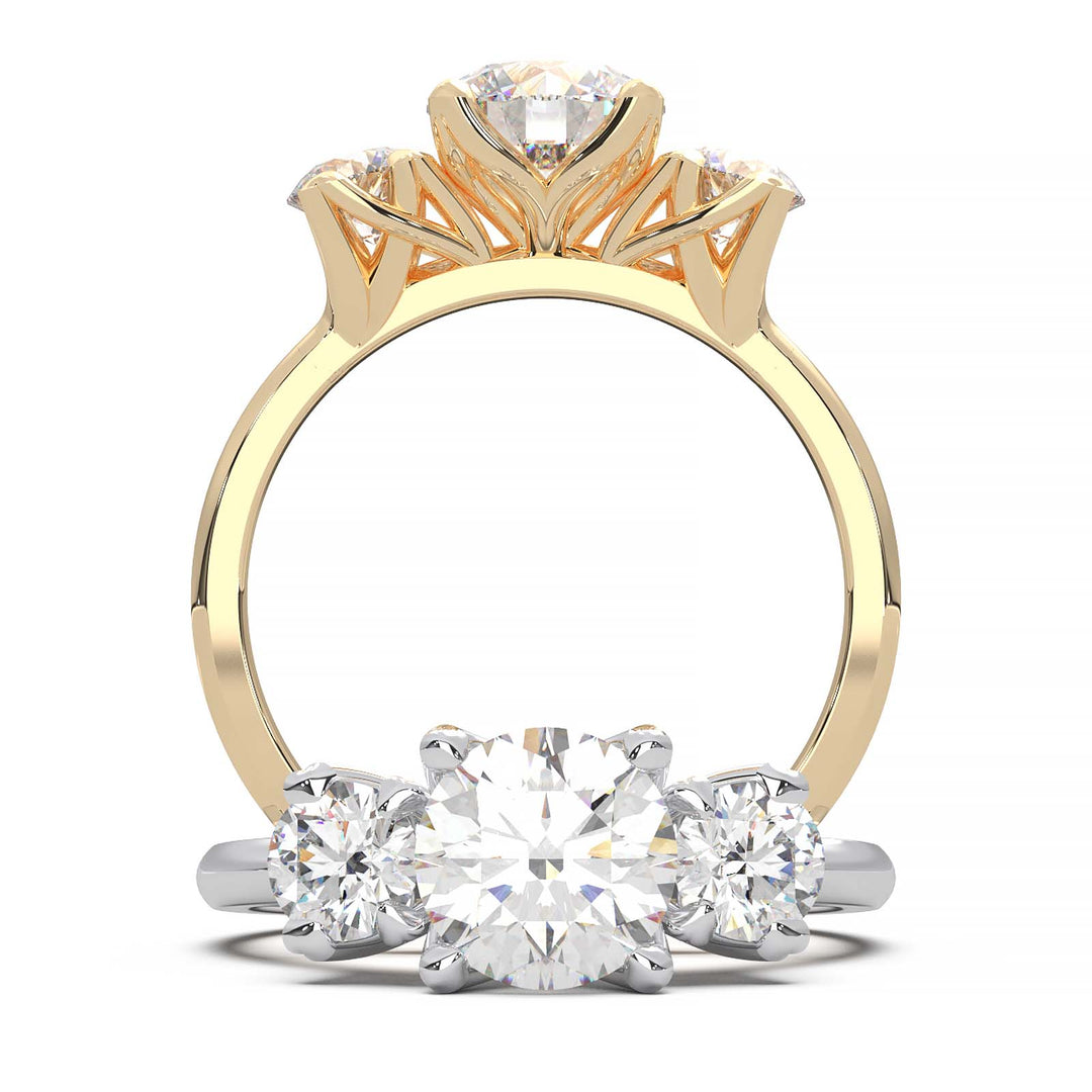 1-carat lab-grown diamond three-stone engagement ring with round-cut accents.