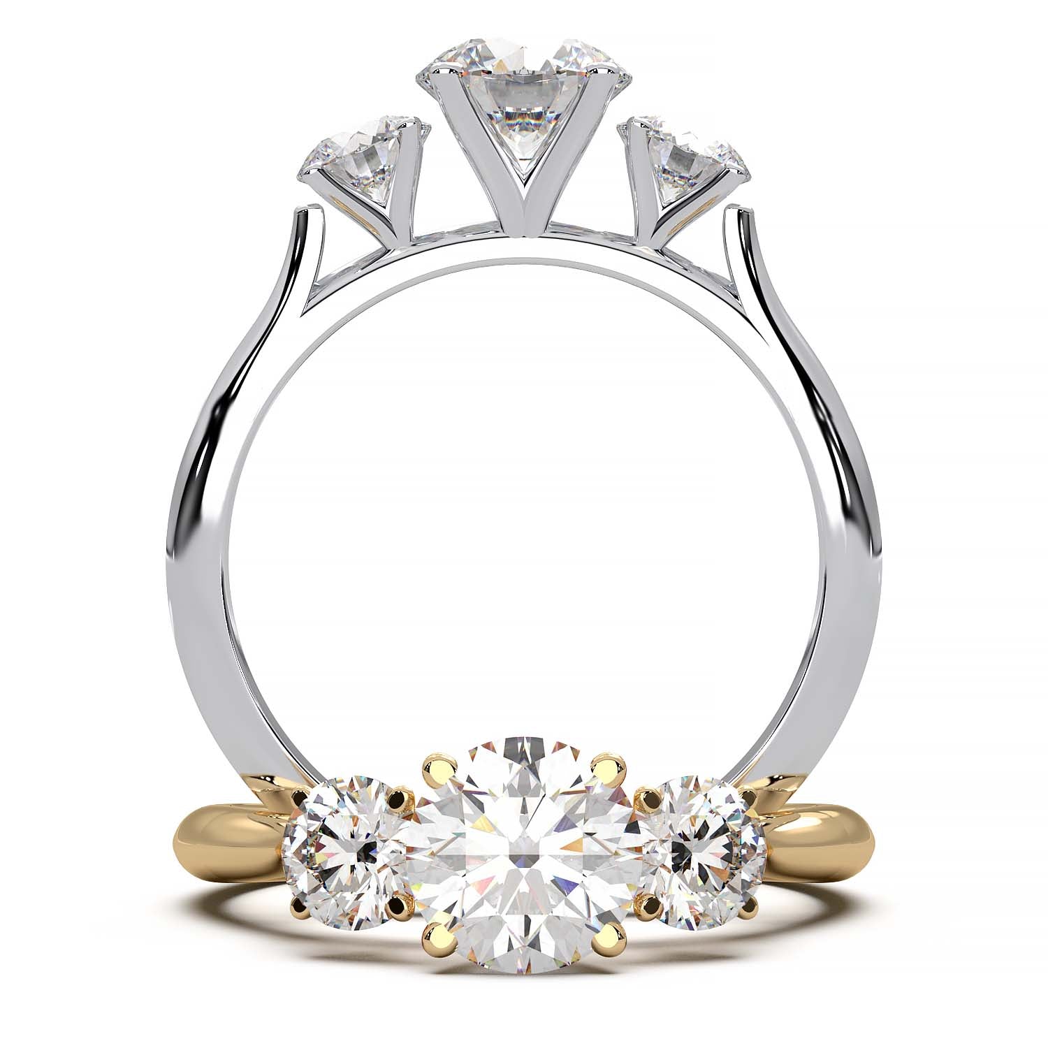 A cathedral-style three-stone diamond engagement ring featuring a central 0.5-carat round diamond, with two side diamonds in a gold or platinum band.