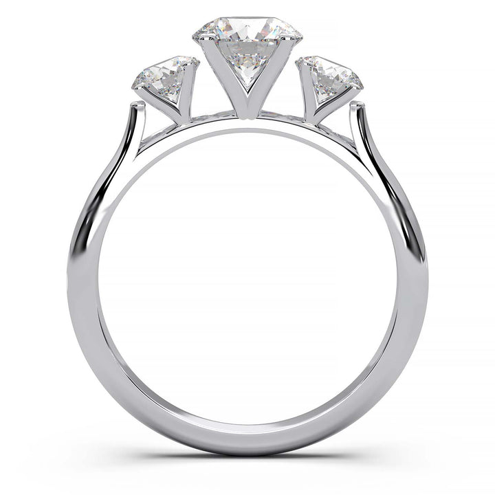 A cathedral-style three-stone diamond engagement ring featuring a central 0.5-carat round diamond, with two side diamonds in a gold or platinum band.