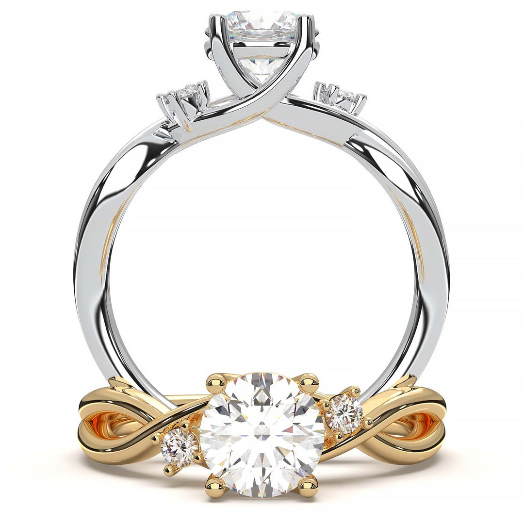 twisted engagement ring with a 0.8 carat round lab-grown diamond and two side lab-grown diamonds.