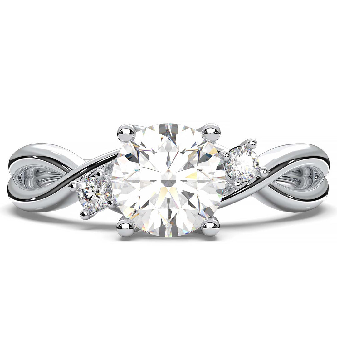 twisted engagement ring with a 0.8 carat round lab-grown diamond and two side lab-grown diamonds.