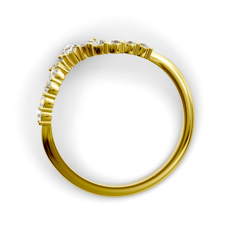 Curved V-shaped wedding band with pear center and side diamonds