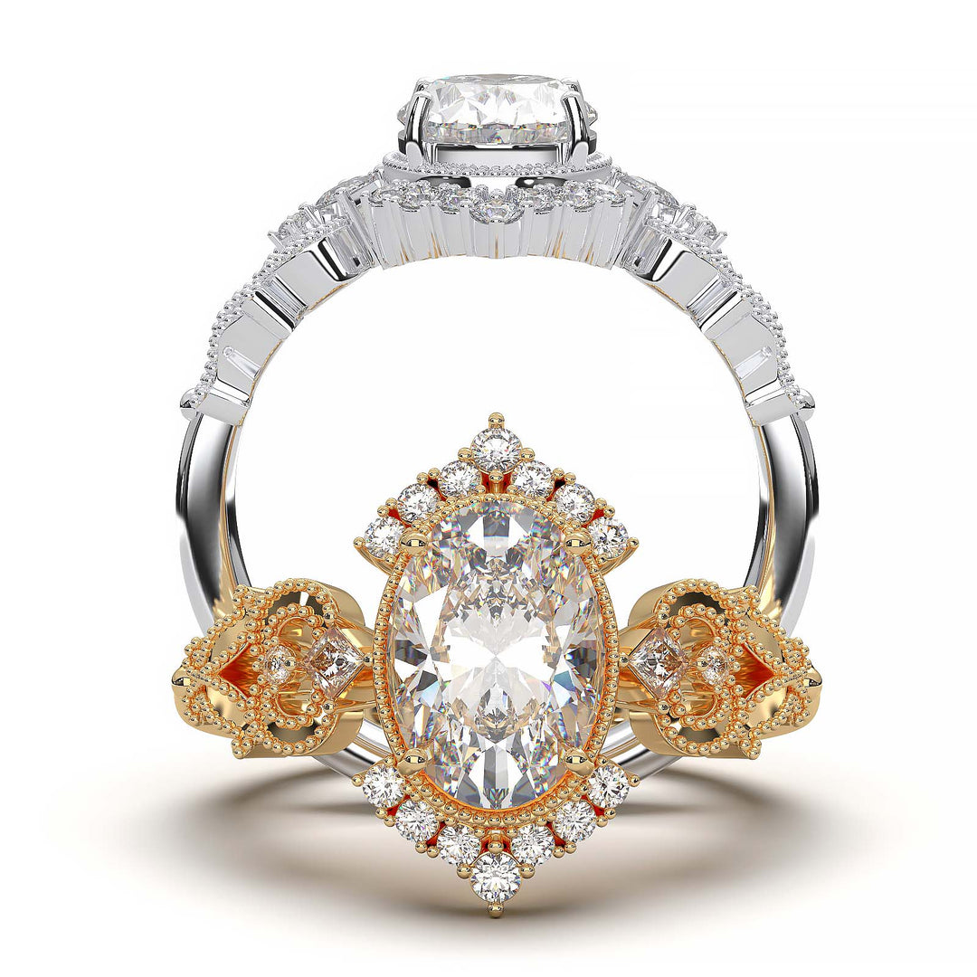 Vintage oval-cut diamond engagement ring with intricate filigree and smaller lab-grown diamonds.