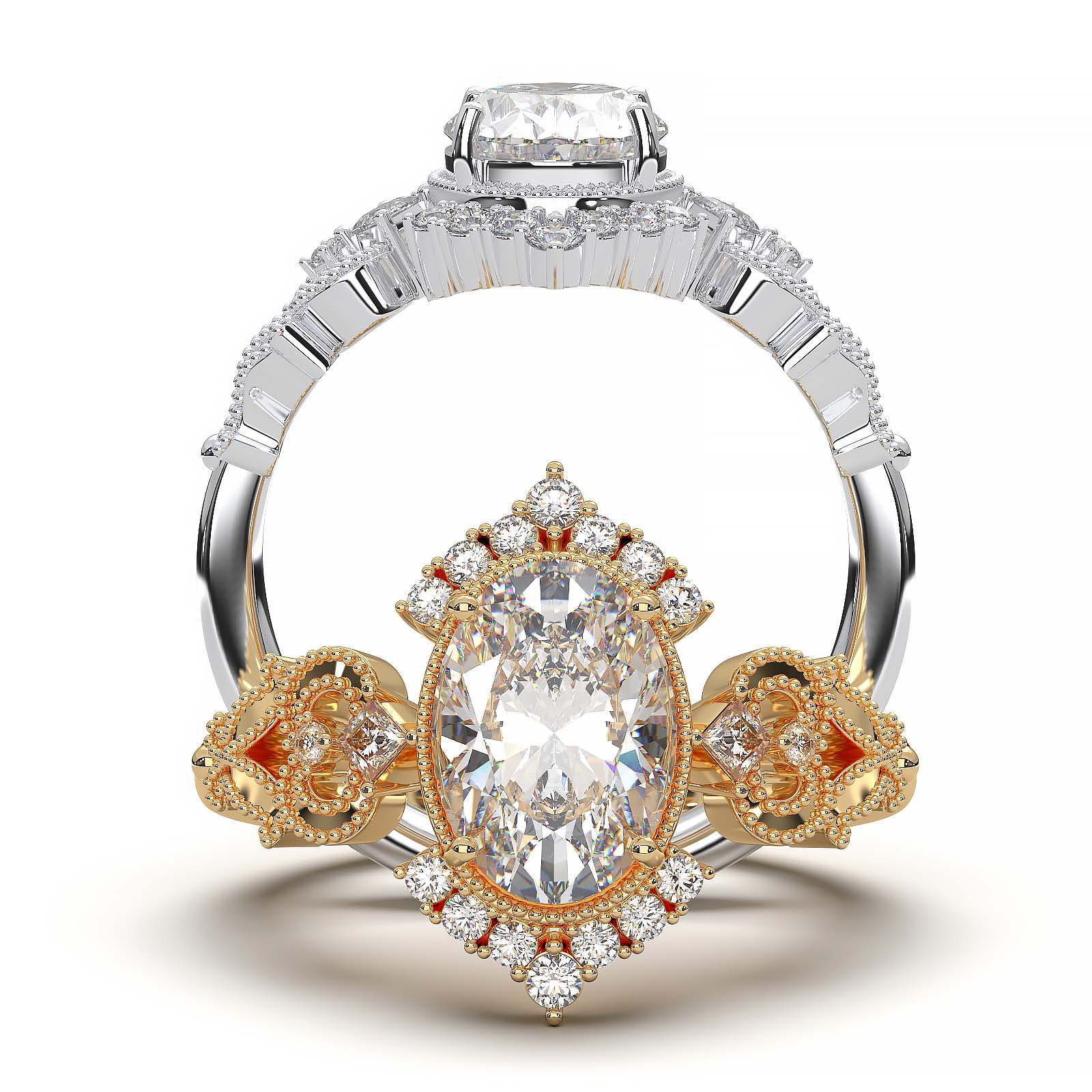 Vintage oval-cut diamond engagement ring with intricate filigree and smaller lab-grown diamonds.