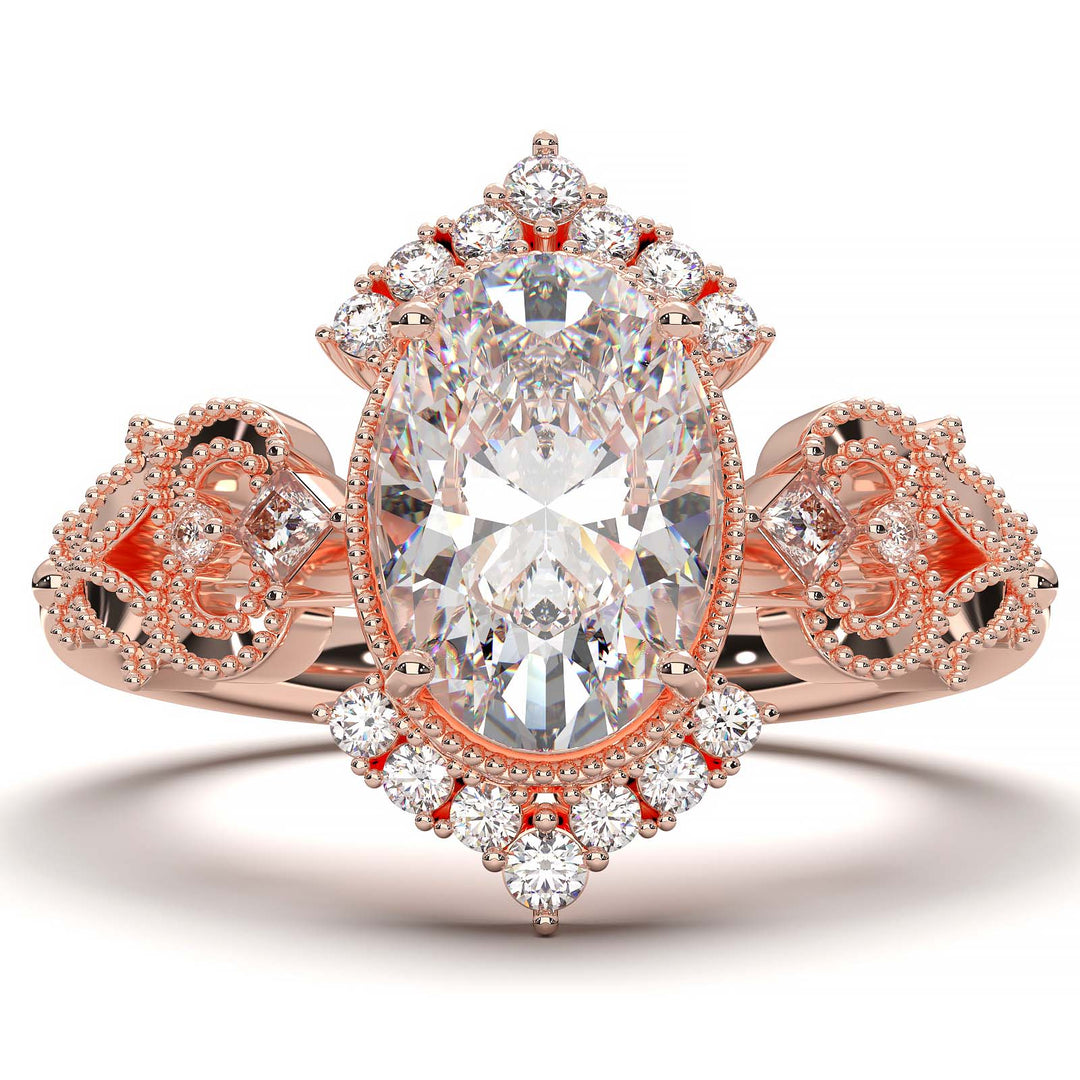 Vintage oval-cut diamond engagement ring with intricate filigree and smaller lab-grown diamonds.