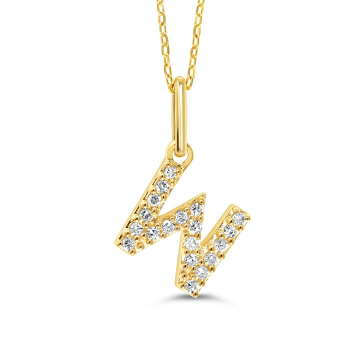 Yellow gold diamond "W" pendant necklace with 0.06CT diamonds and cable chain.