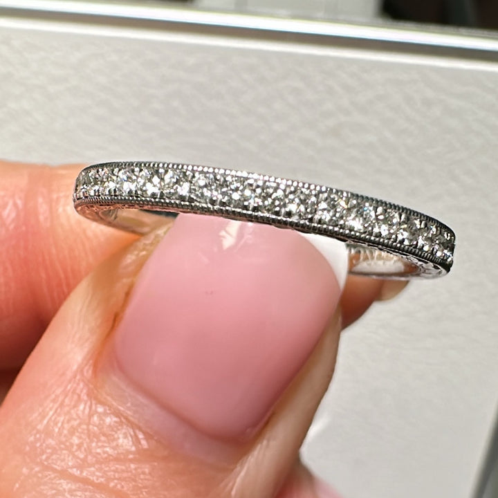 14K gold diamond wedding band with 0.20 CT pave-set diamonds and milgrain details.