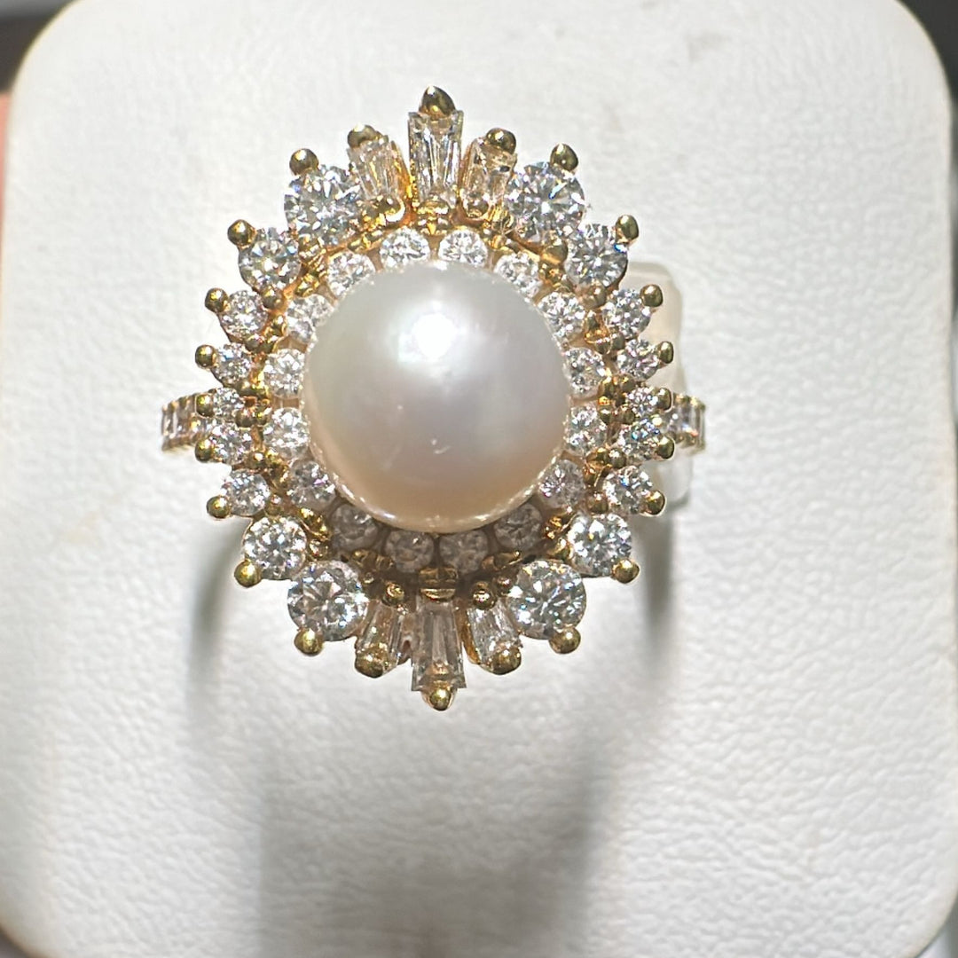 14K gold freshwater pearl ring with moissanite halo in a vintage-inspired design.