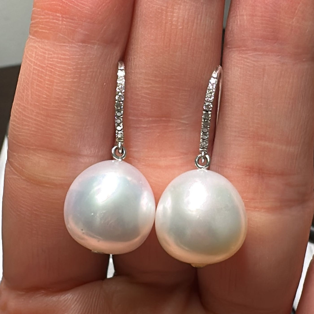 13.5mm South Sea white pearl earrings in 14K white gold with real diamonds.