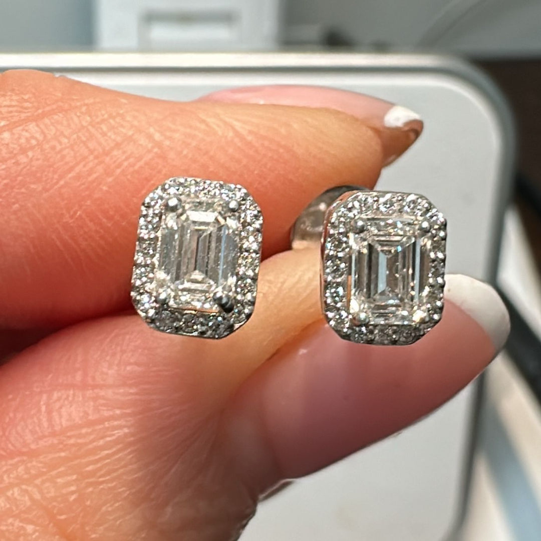 Lab-grown emerald-cut diamond halo earrings in 10K white gold with screw-back closure.