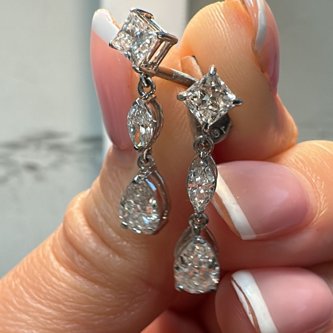 Lab-grown diamond drop earrings with 1.88 CT VVS clarity diamonds in 10K white gold.