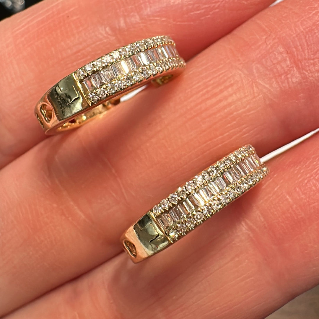 0.56 CT natural diamond hoop earrings in 14K yellow gold, 16.8mm diameter.