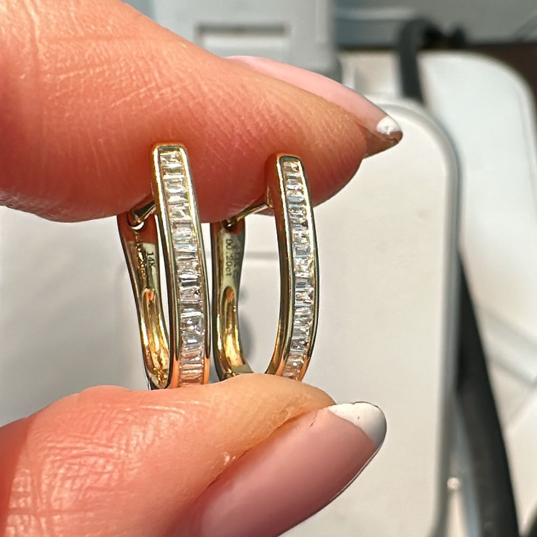 14K yellow gold diamond hoop earrings with 44 natural diamonds, 14.8mm.