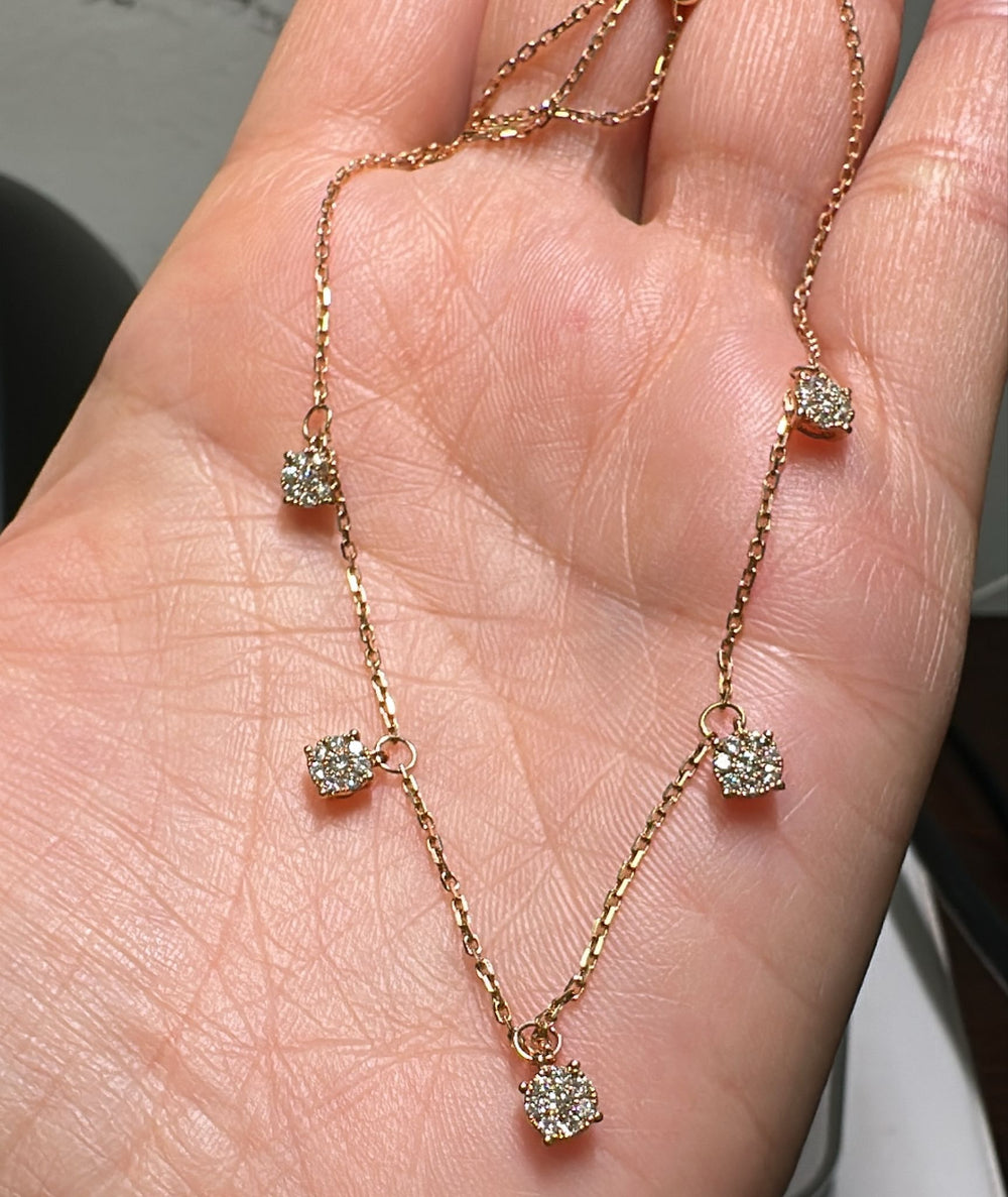 18K rose gold necklace with five diamond clusters, featuring 0.41 ct natural diamonds.