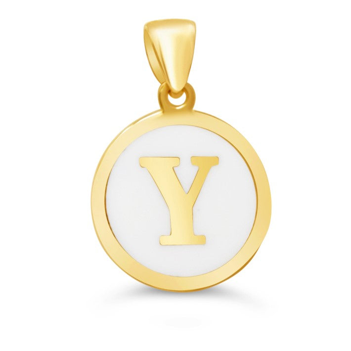 10K Gold Initial "Y" Pendant featuring a polished gold frame and white enamel background.