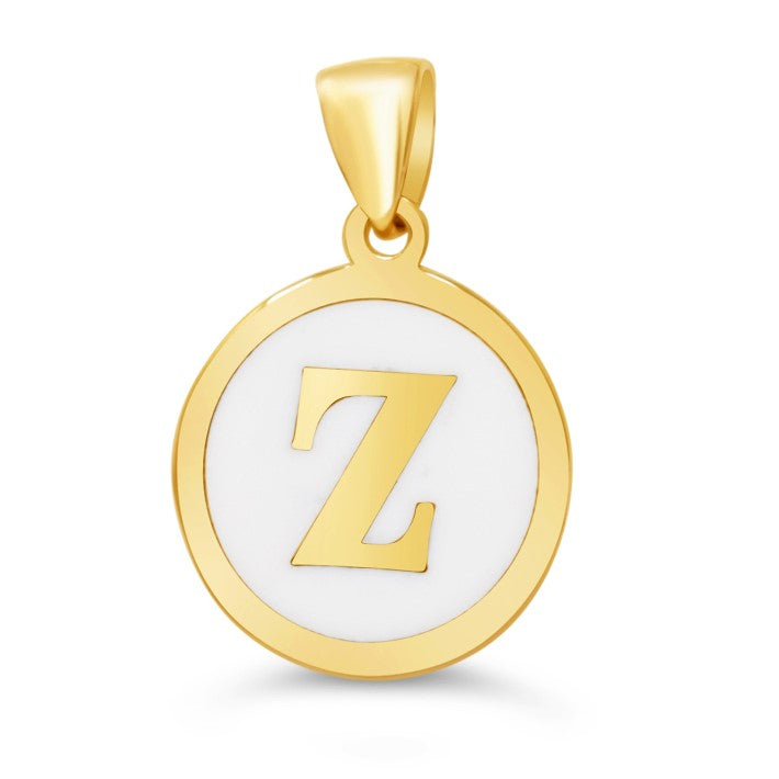 10K Gold Initial "Z" Pendant with a polished gold frame and white enamel background.