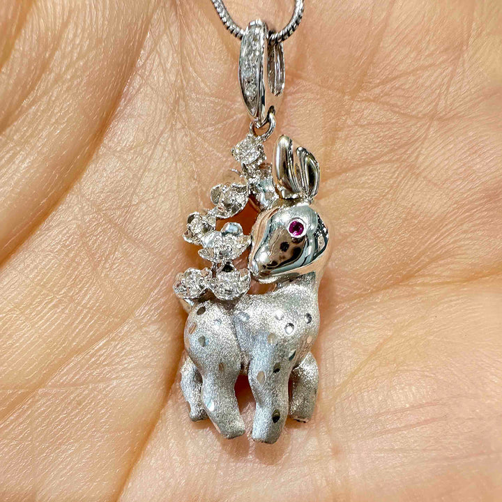 18K White Gold Deer Pendant with Natural Diamonds and Gemstone Eye